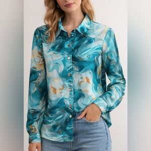 SHEIN Teal Abstract Print Button Up Blouse Small Long Sleeve Lightweight